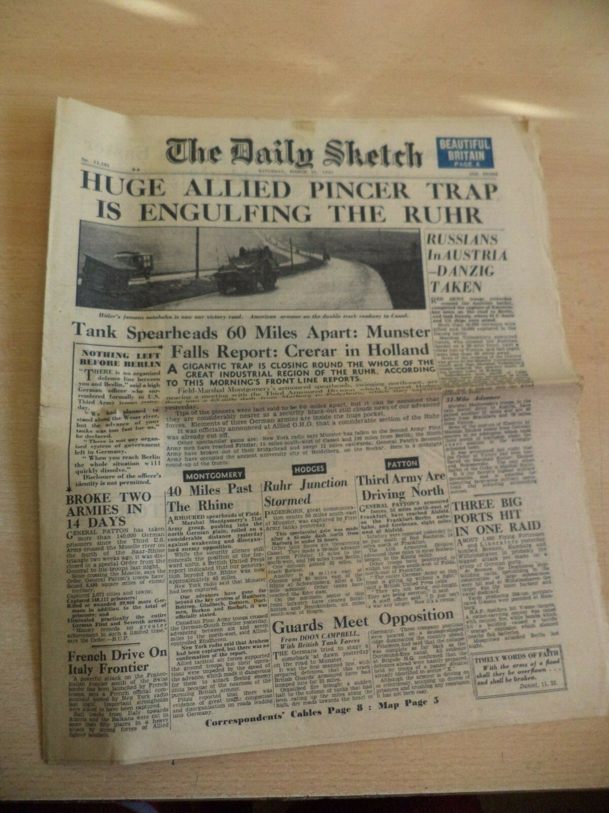 OLD VINTAGE ORIG NEWSPAPER 1940S sketch WW2 31 march 1945 spearhead ruhr danzig