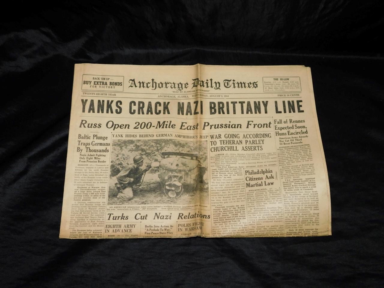 Aug 2 1944 Anchorage Alaska Newspaper WW2 Yanks Crack Birttany Line Rennes Turks