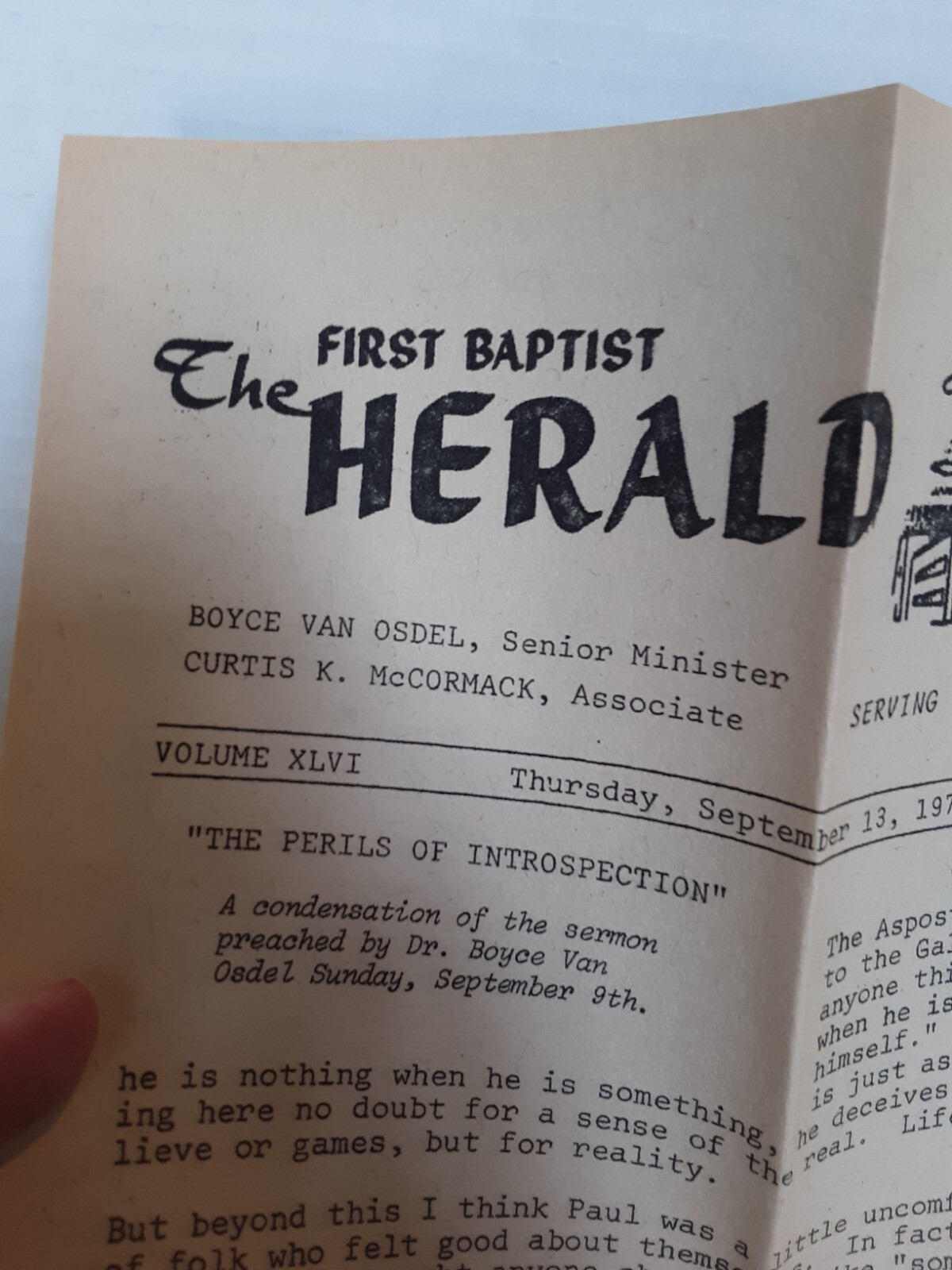 VTG The First Baptist Herald Thursday Sept. 17, 1973 Oakland Ca Boyce Van Osdel