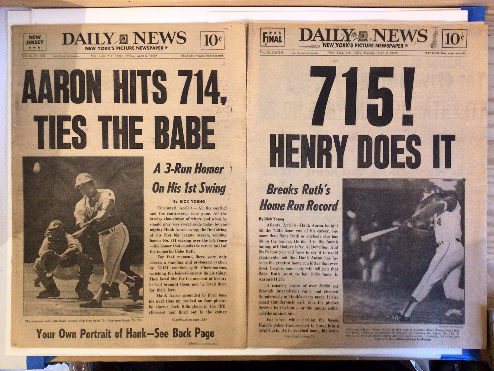 Daily News April 5, 1974 Aaron Hits 714 & April 9, 1974 715! Henry Does It!
