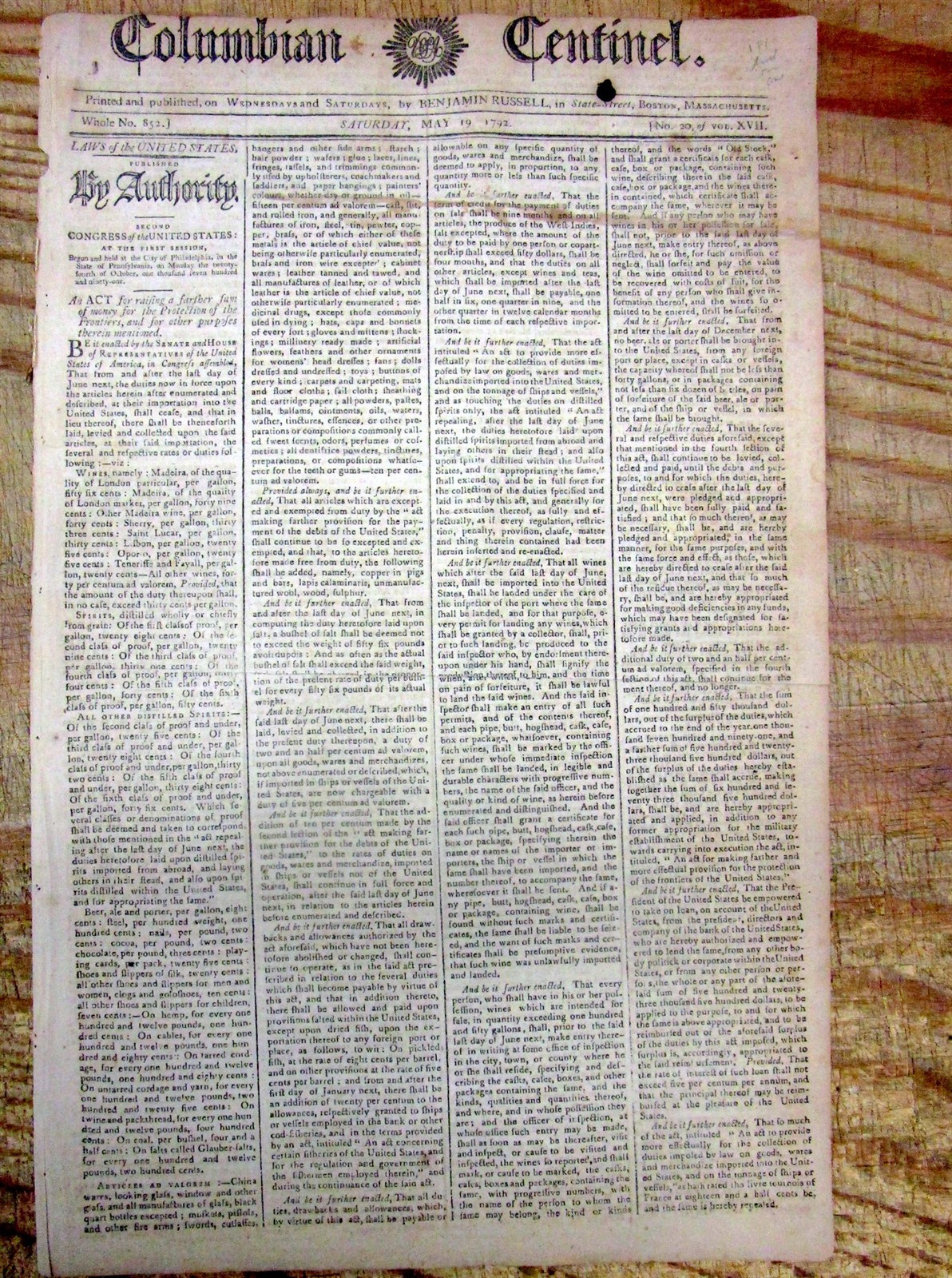 1792 newspaper GEO WASHINGTON signed Act FRONTIER US PROTECTION fm INDIAN ATTACK