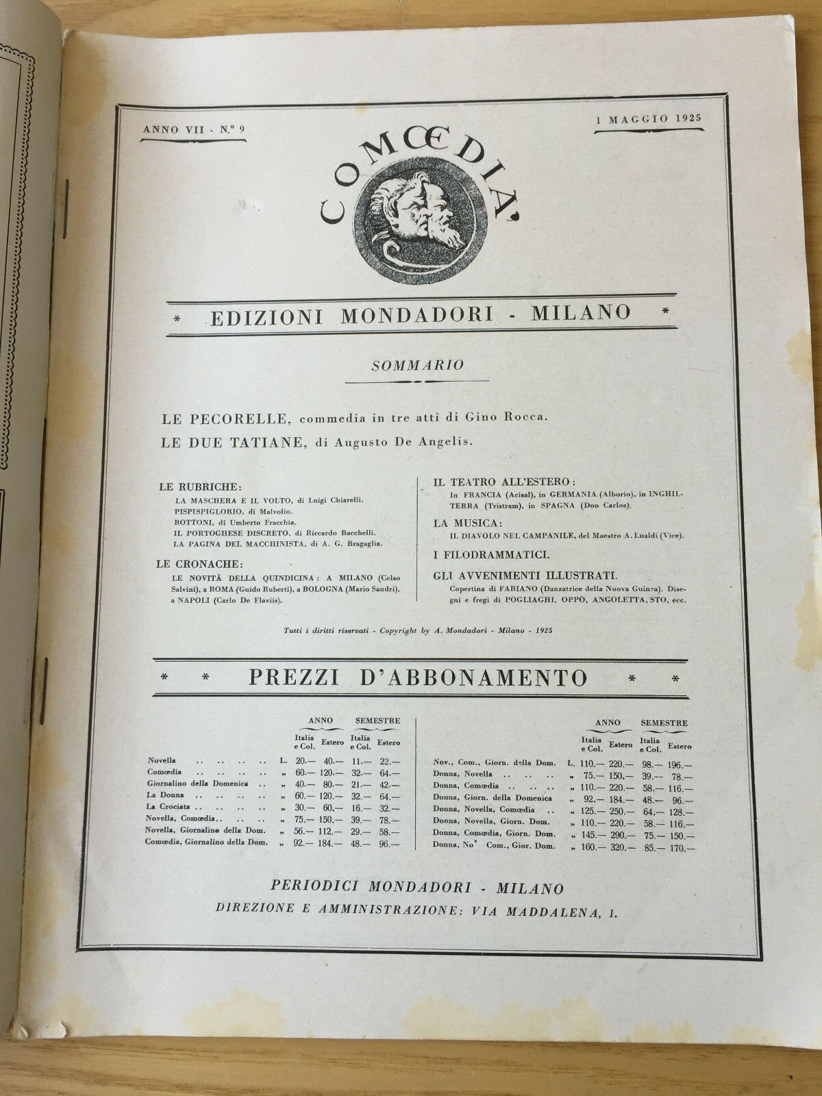 MONDADORI COMEDIA PERIODICO COMEDIA E VITA THEATRALE N° 9 1925 GINO ROCCA 2/19