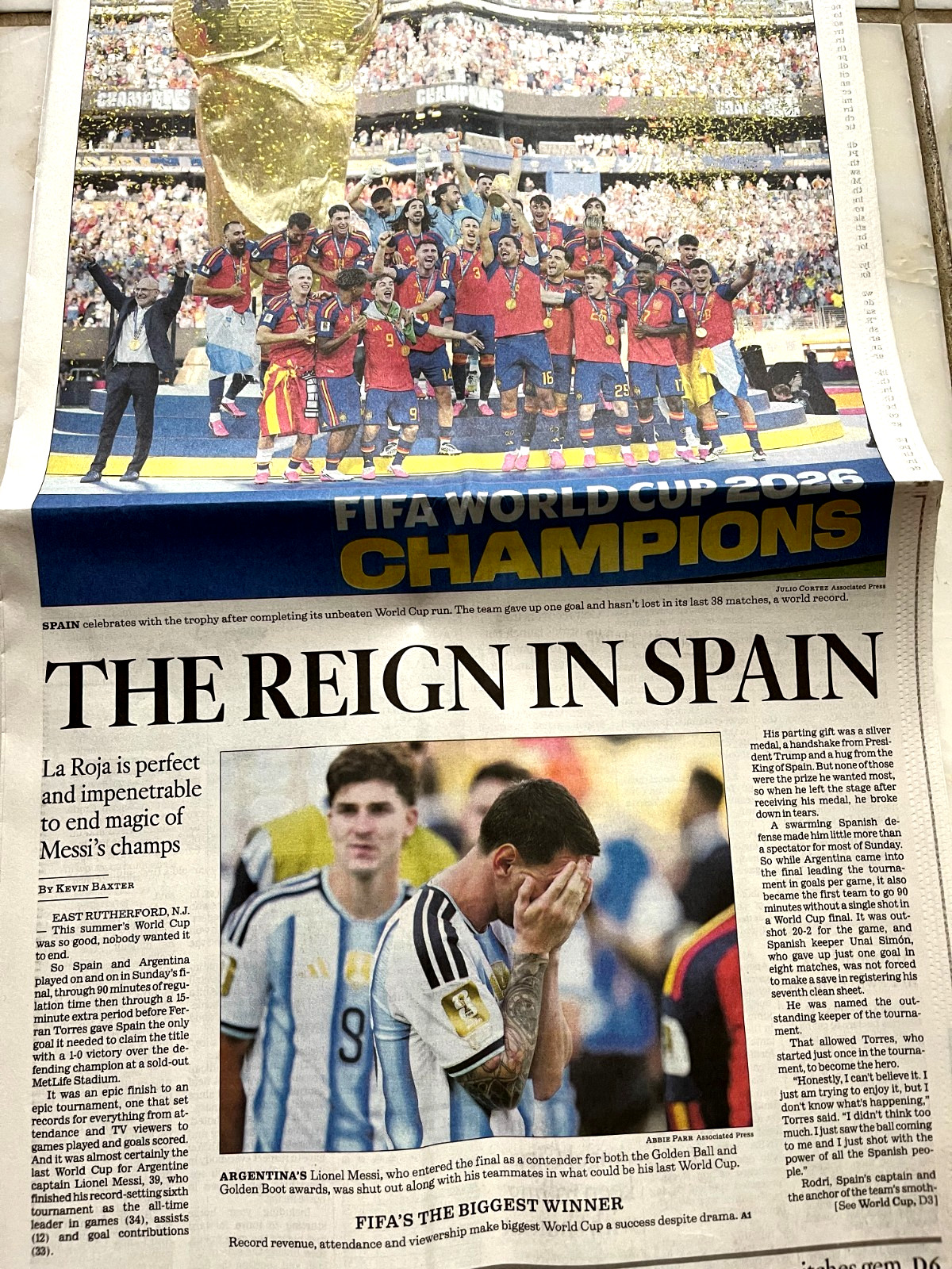 LOS ANGELES TIMES July 20 2026 FIFA WORLD CUP FINAL SPAIN ARGENTINA MLB Dodgers