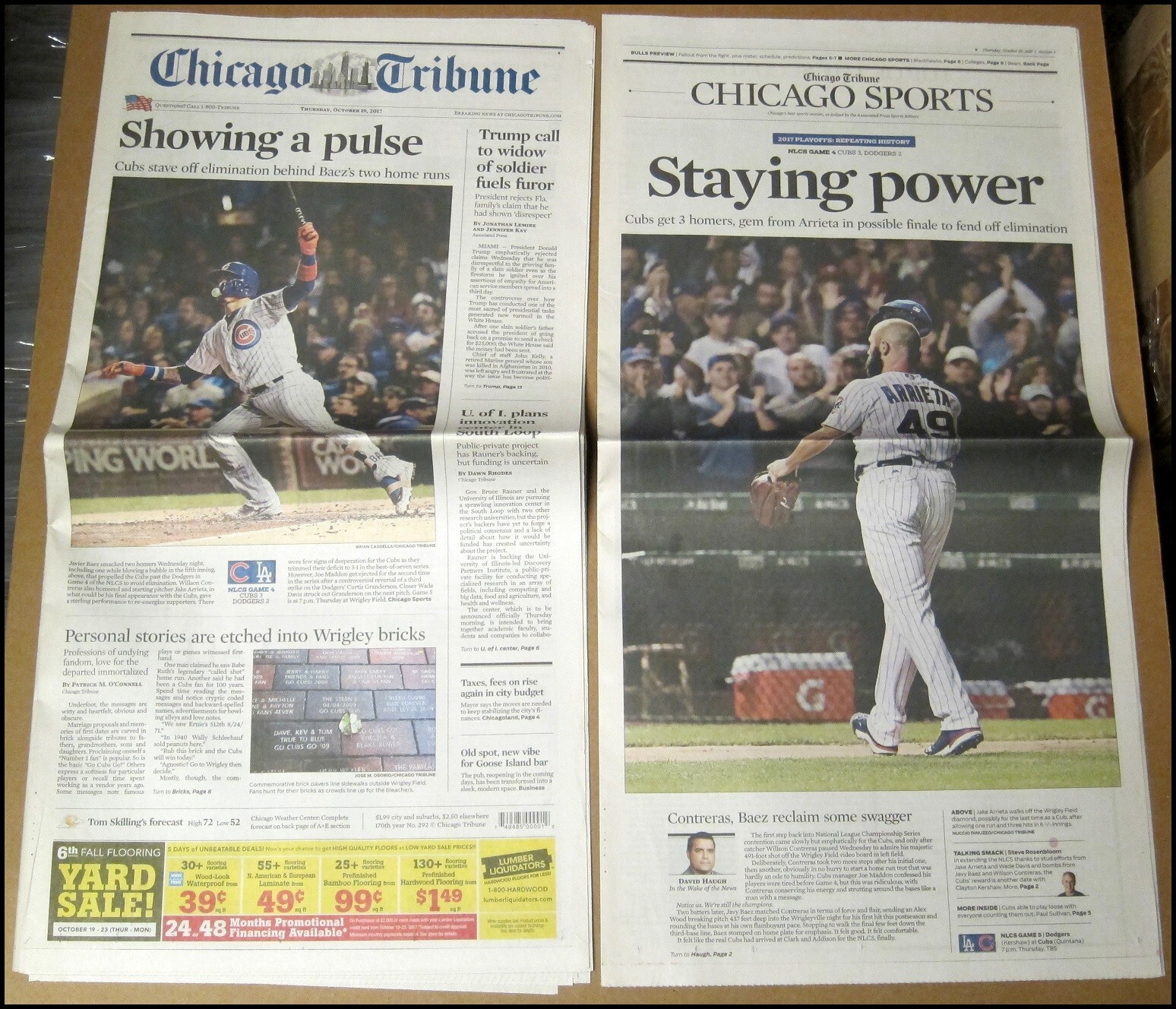 10/19/2017 Chicago Tribune Cubs Win NLCS Game 4 Javier Baez Jake Arrieta Playoff