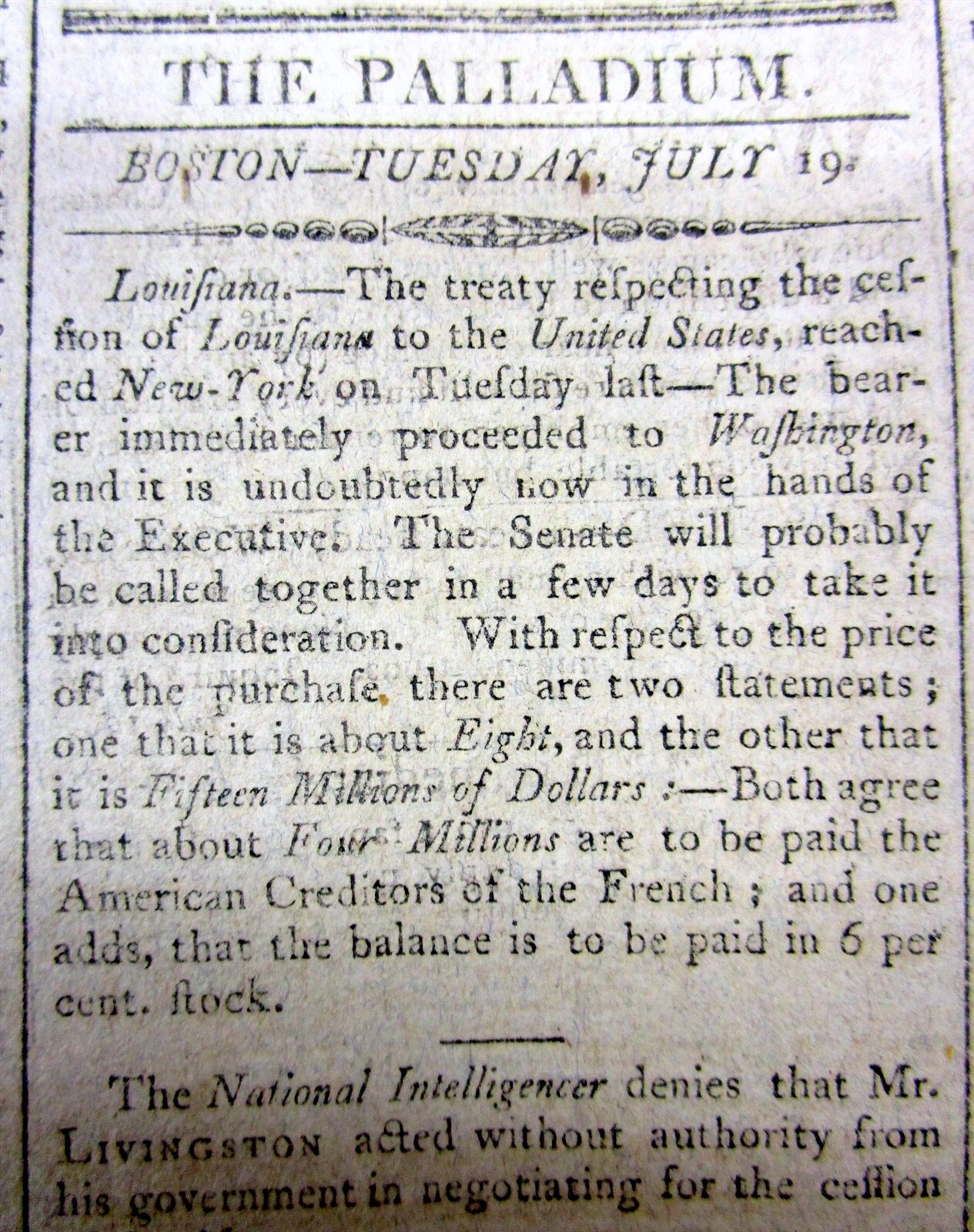 2 1803 newspapers w early reports of THE LOUISIANA PURCHASE by Thomas Jefferson