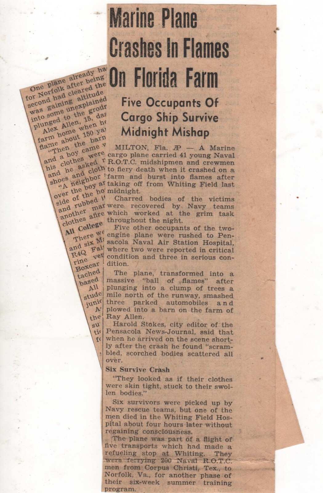 Marine Cargo Plane Carrying 46 ROTC Midshipmen Crew Crashes 1953 Milton Florida