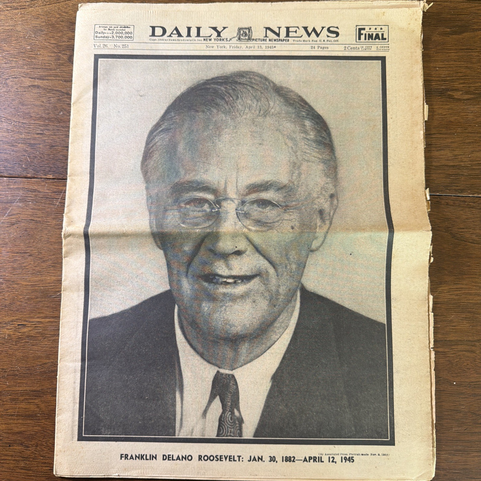 NY Daily News Newspaper Franklin D Roosevelt FDR Death April 13 1945 -COMPLETE