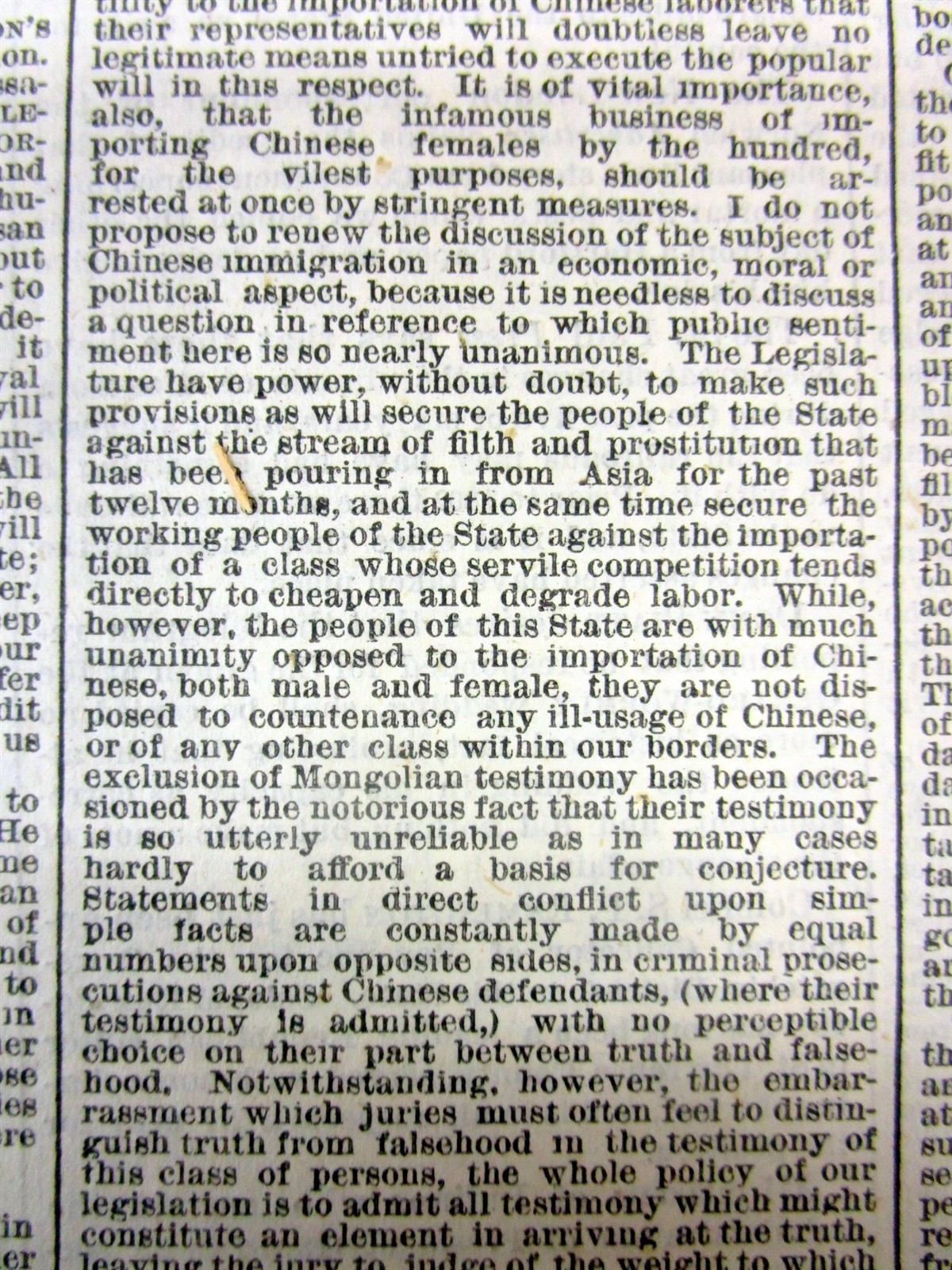 1869 NY Times newspaper wth THE ANTI-CHINESE IMMIGRATION sentiment in CALIFORNIA