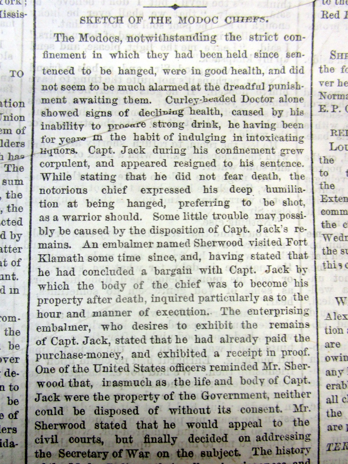 1873 NY Times newspaper The MODOC INDIAN WAR ENDS with HANGING of the LEADERS