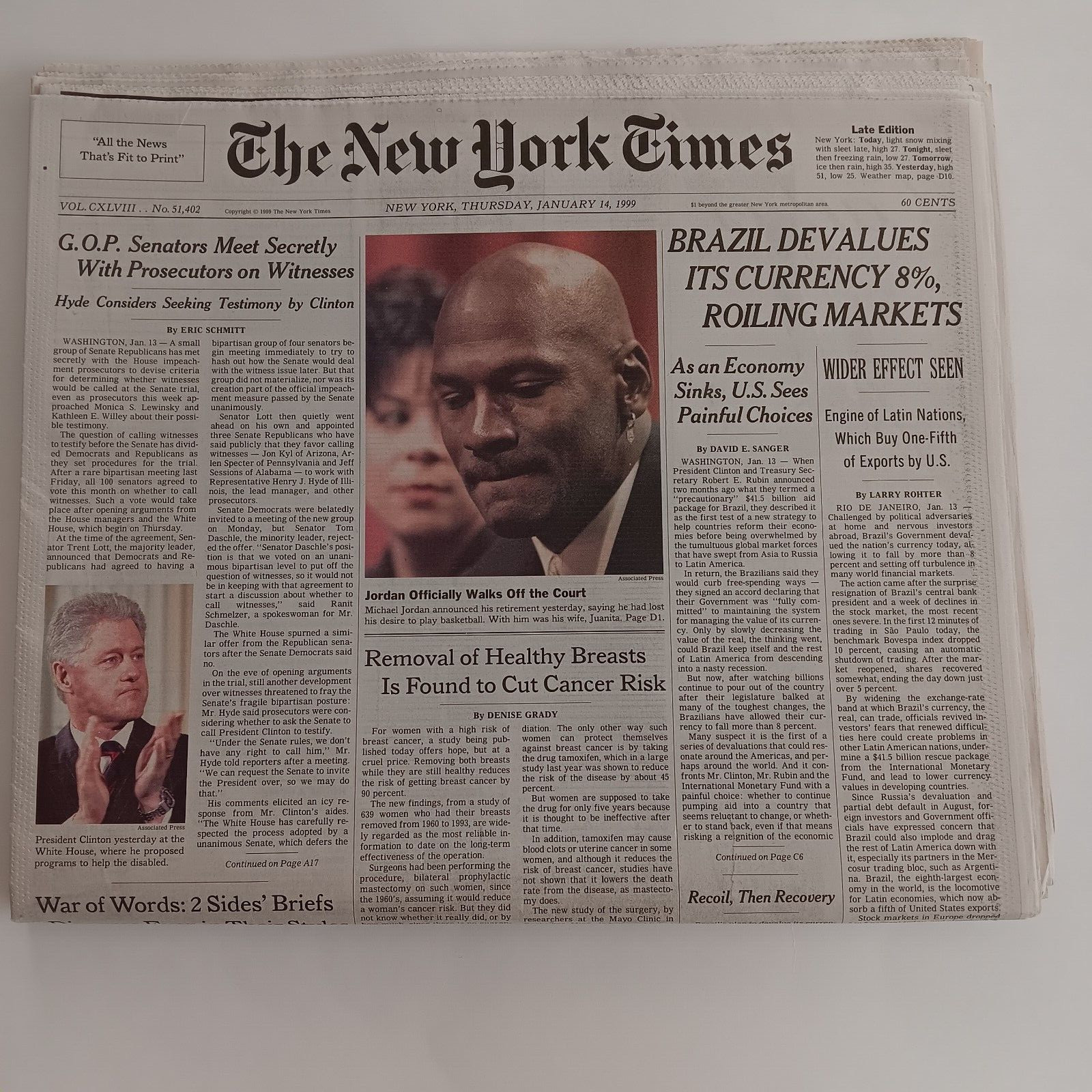 Michael Jordan Retires 1/14/1999 New York Times complete newspaper new condition