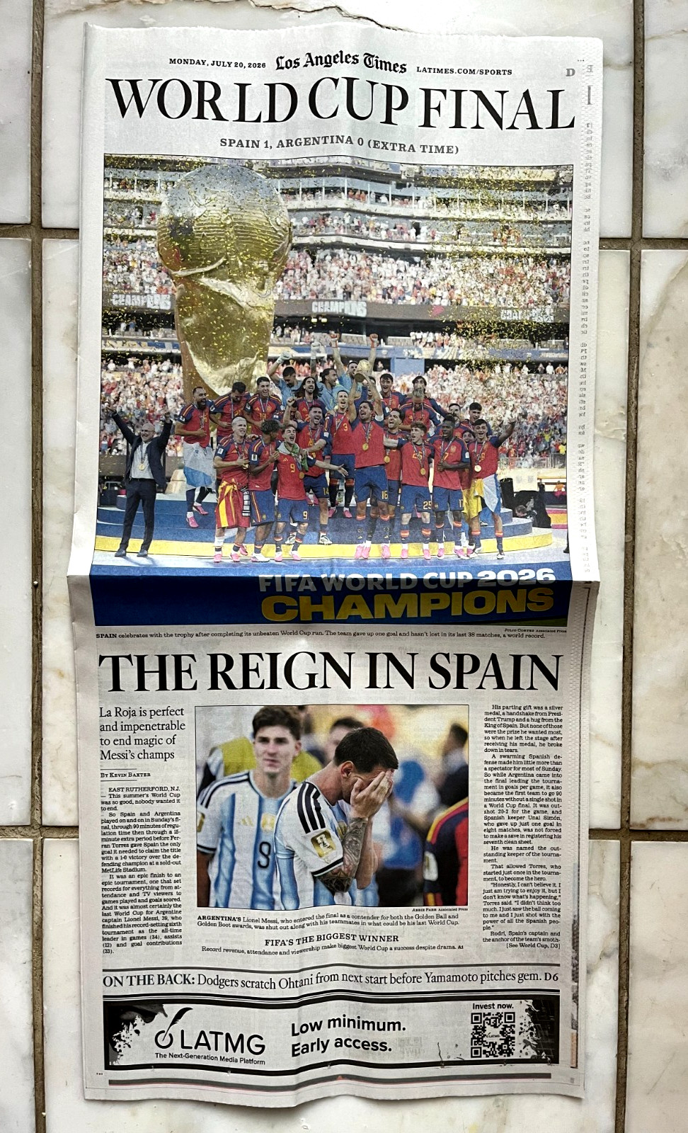 LOS ANGELES TIMES July 20 2026 FIFA WORLD CUP FINAL SPAIN ARGENTINA MLB Dodgers