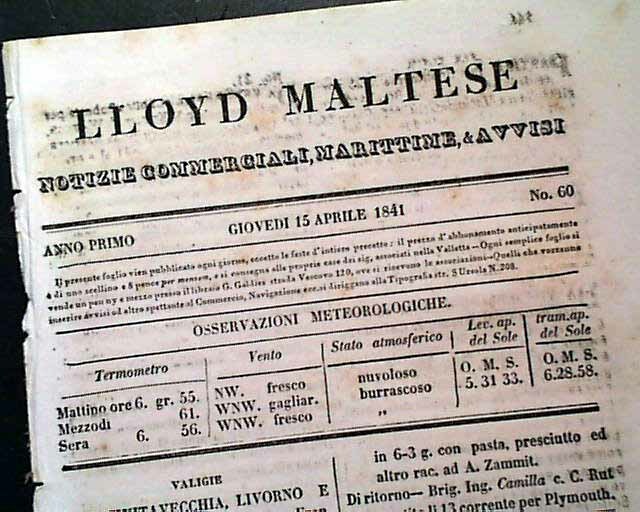 Early & Rare ISLAND OF MALTA Italy Italian 1841 Miniature Old Newspaper