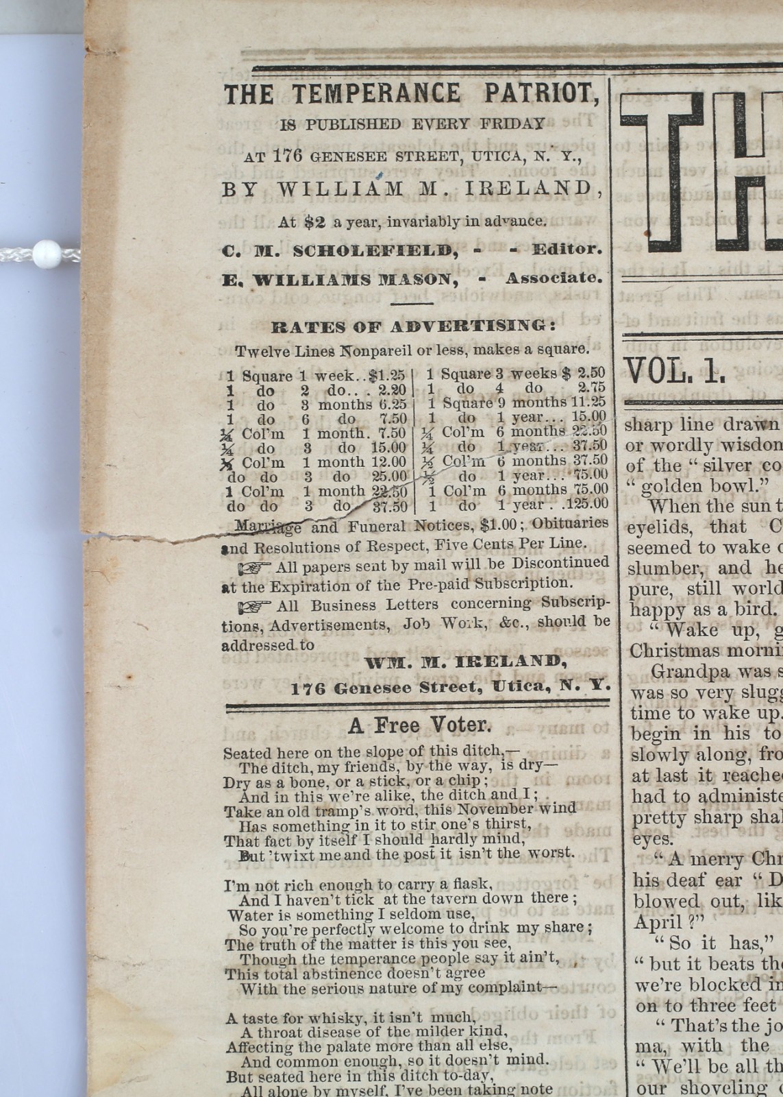 Antique 1868 Newspaper The Temperance Patriot Utica New York Prohibition