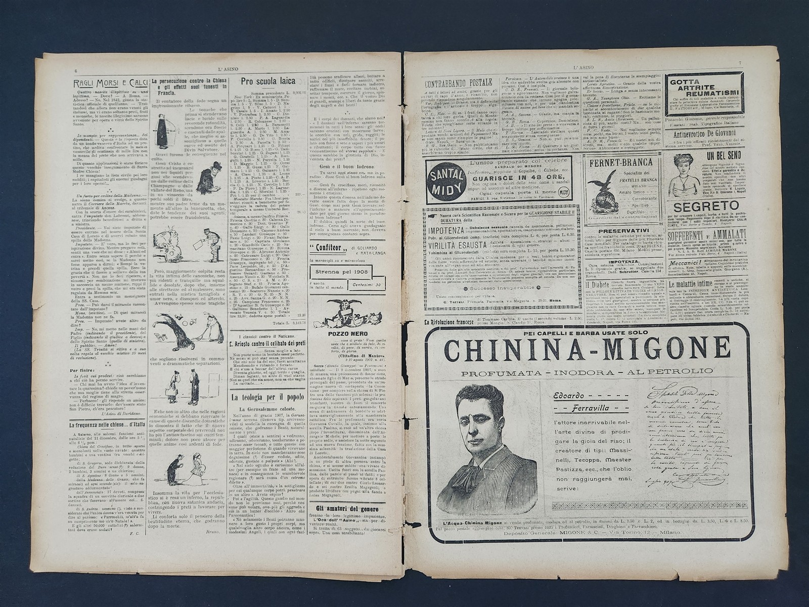 1908 antique L’ASINO socialist anti-catholic satire 4 issues ITALIAN NEWSPAPERS