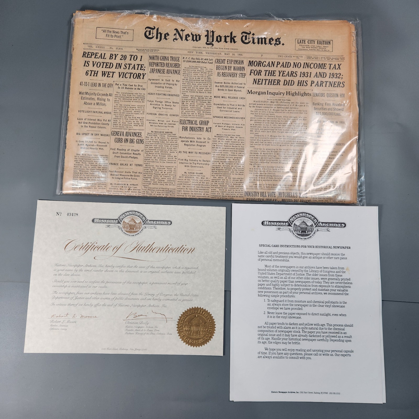 1933 New York Times May 24 Original Newspaper JP Morgan Tax Scandal COA FDR Era