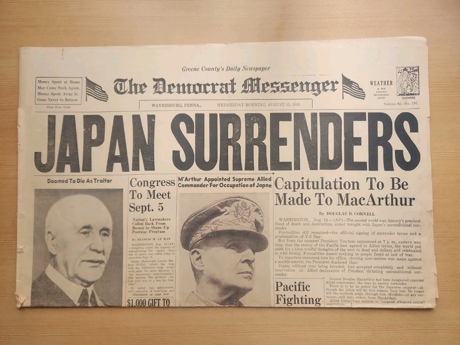 Newspaper 8/15/1945 The Democrat Messenger Waynesburg PA: Japan Surrenders WWII