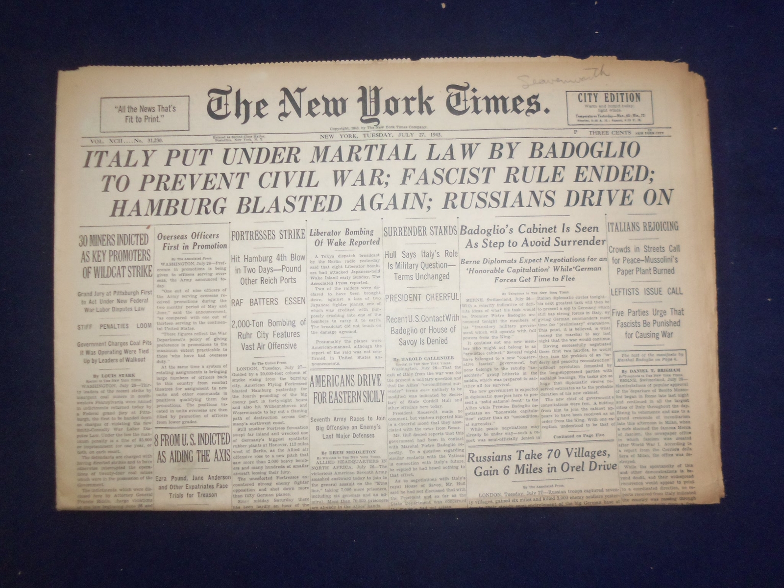 1943 JULY 27 NEW YORK TIMES – ITALY PUT UNDER MARTIAL LAW BY BADOGLIO – NP 6546