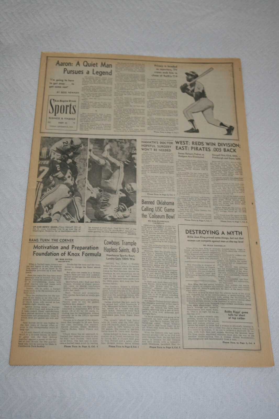 1973 Los Angeles Times * Hank Aaron Pursues 714 Babe Ruth * #1 USC v #8 Oklahoma