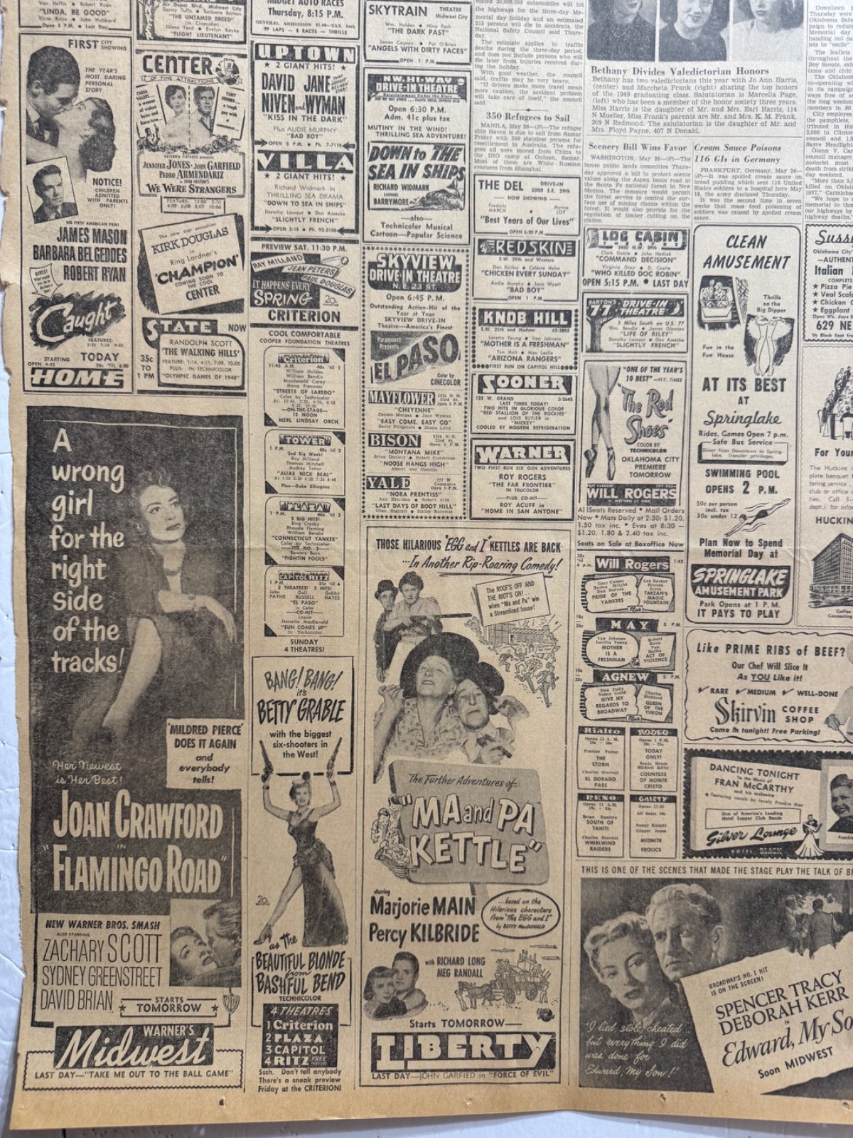 1949 MAY MOVIE ADS 21 OKLA. CITY NEWSPAPER PAGES WITH LOTS OF ADS GROUP #29
