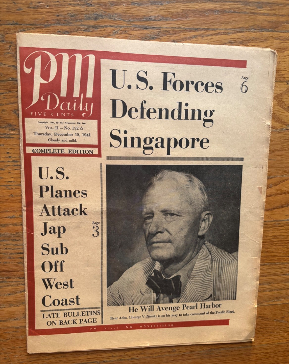 Up for sale is an original PM Daily newspaper, dated December 18, 1940