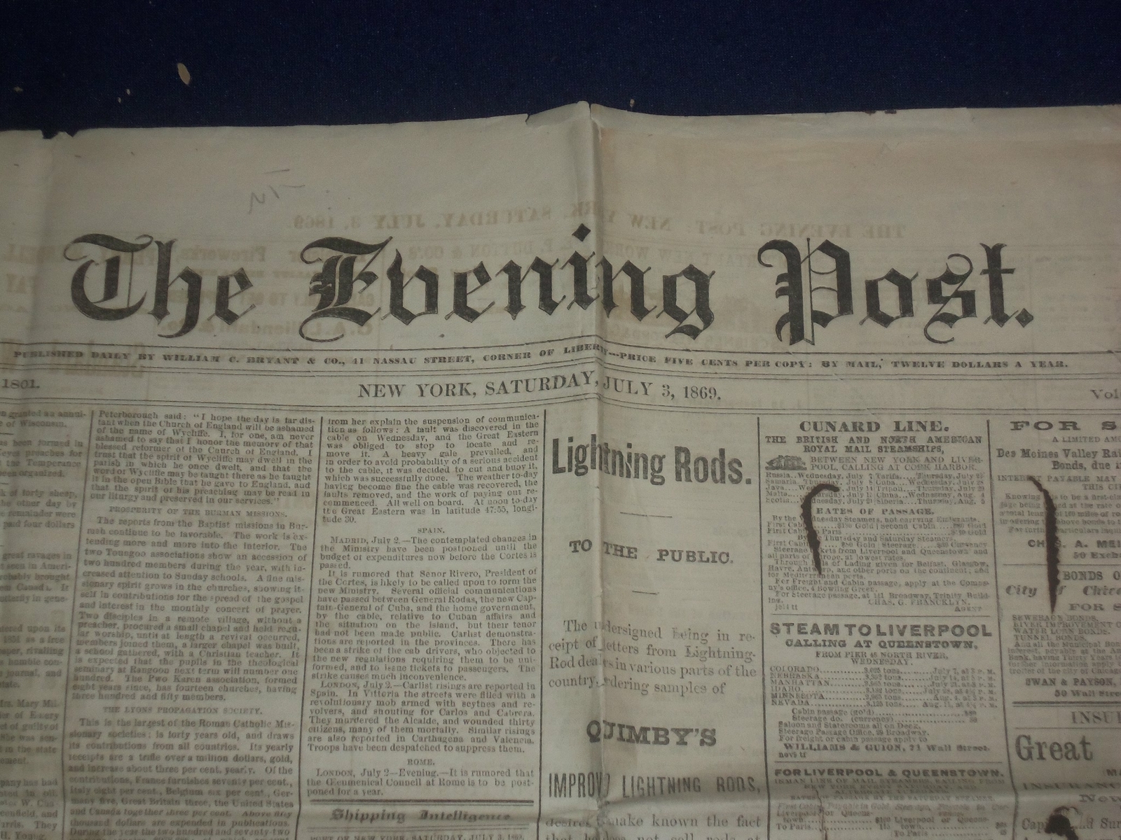 1869 JULY 3 THE SATURDAY EVENING POST NEWSPAPER – CORNELL UNIVERSITY – NP 5054
