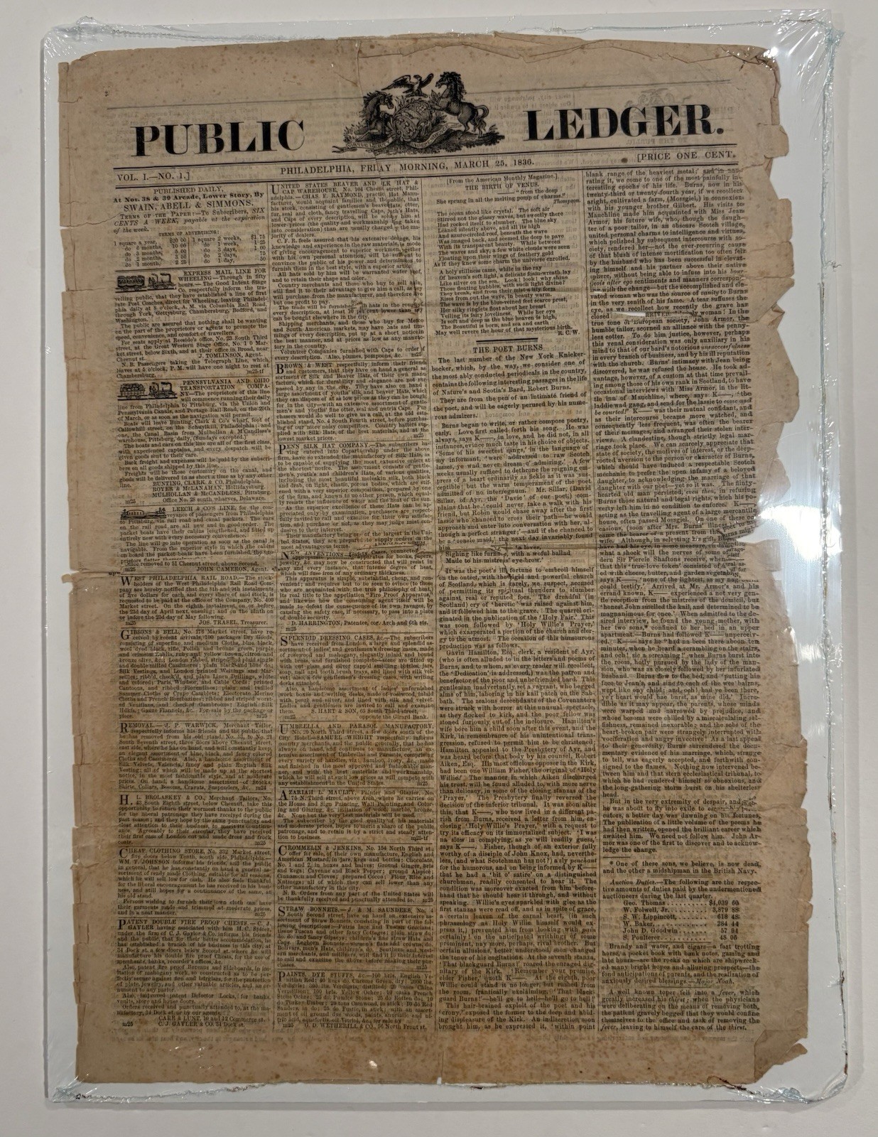 Org Phila. Public Ledger March 25 1836 Copy From 1886 1st News For common People