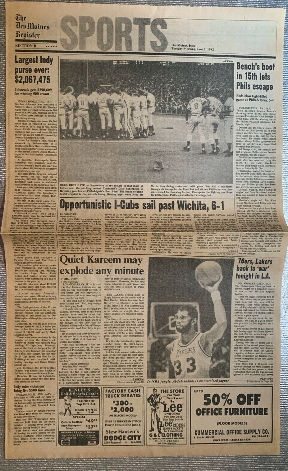 Cincinnati Reds brawl / Los Angeles Lakers- 6/1/1983 Des Moines Register Sports