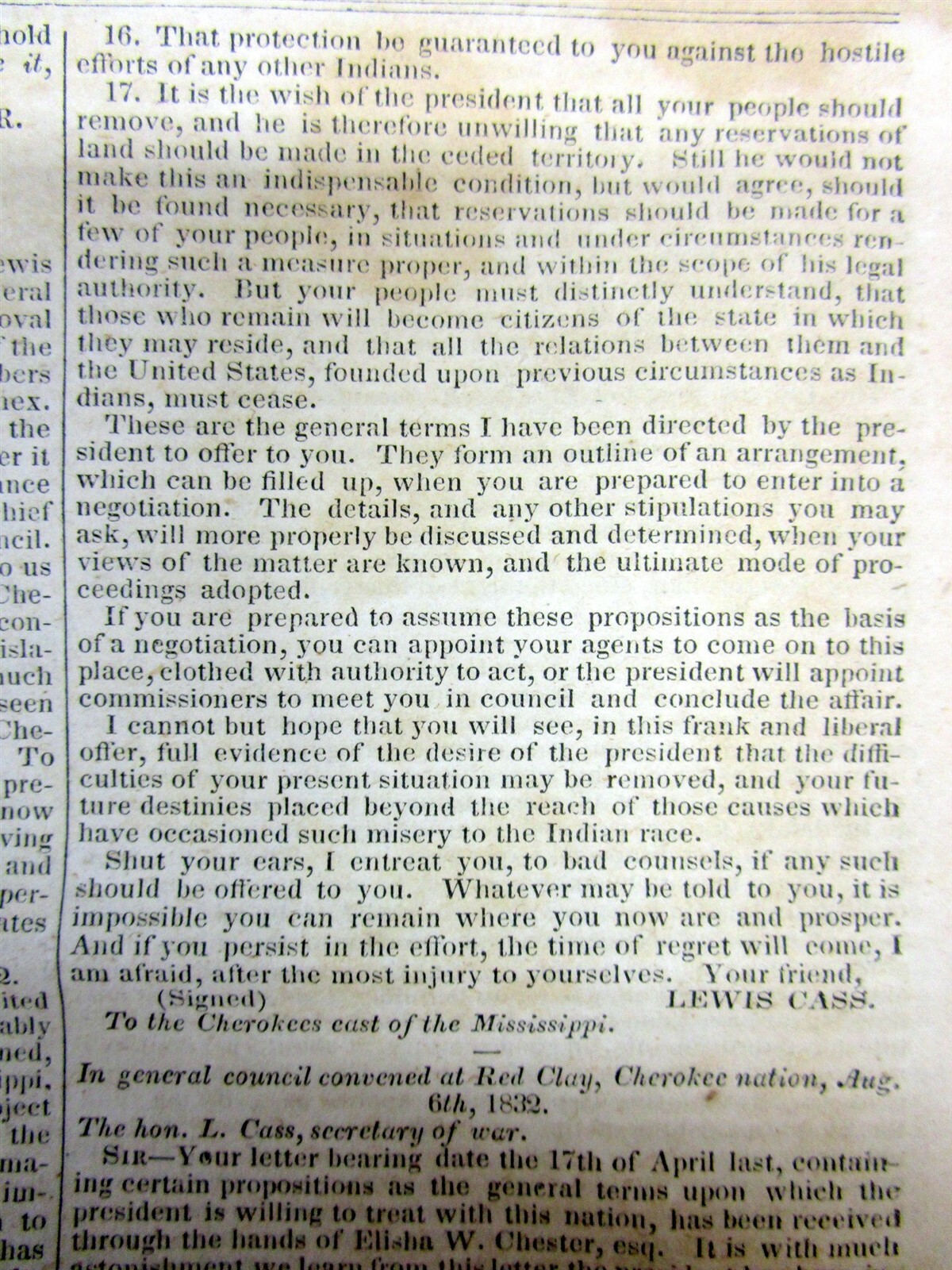 1832 newspaper INDIAN REMOVAL POLICY by President ANDREW JACKSON in GREAT DETAIL