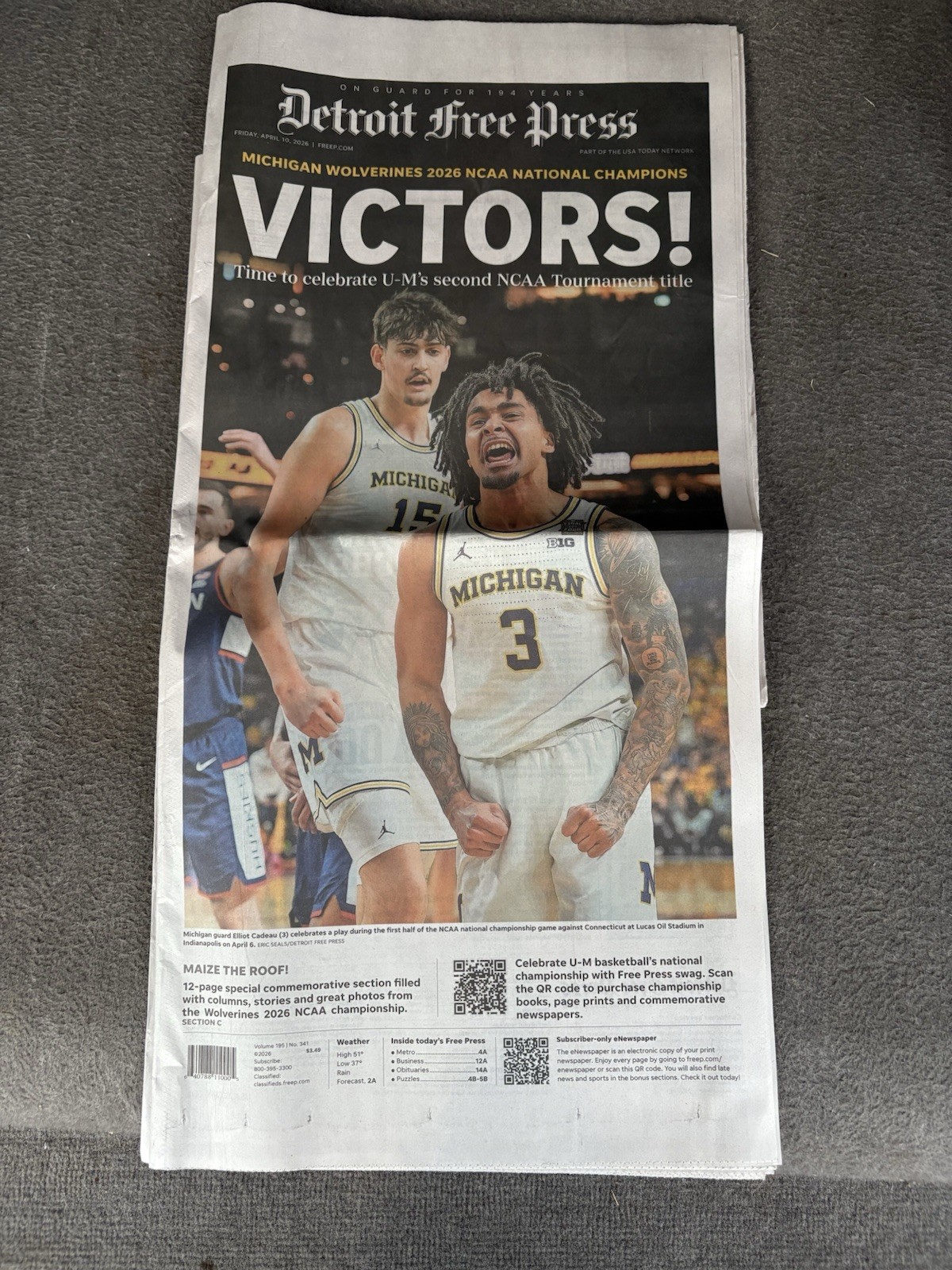 Michigan National Champions Special Edition Newspaper 2026 Free Press 4/10/26