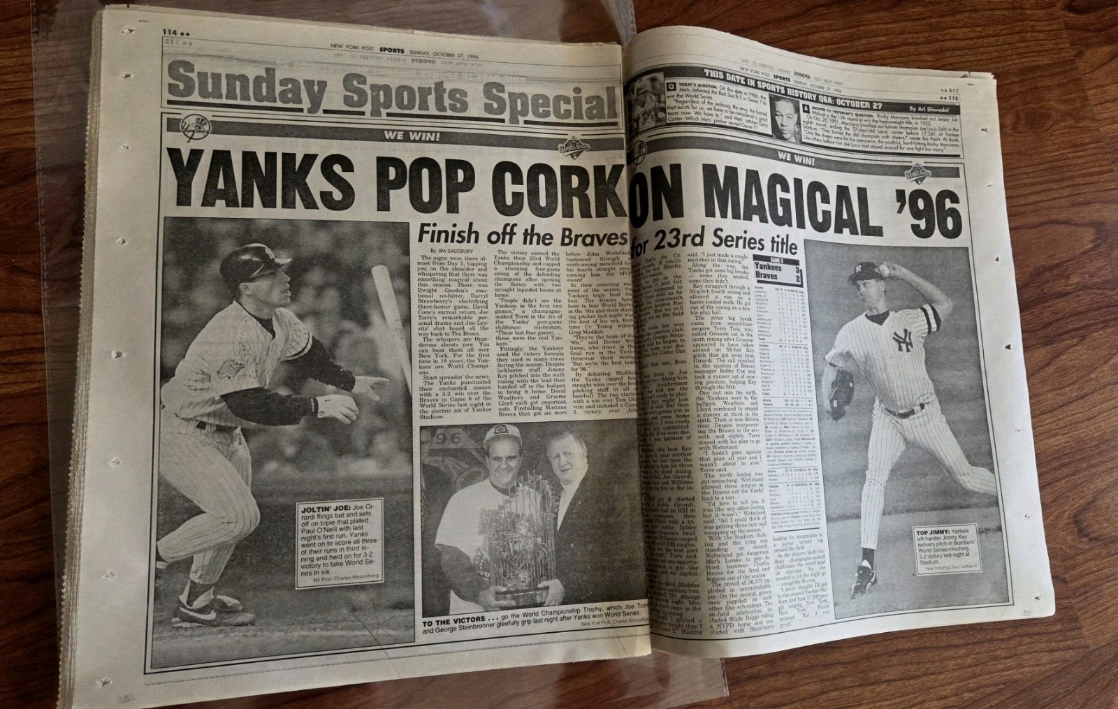 NY YANKEES WORLD SERIES CHAMPS 10/27/1996 NY POST .. FRAME IT!!