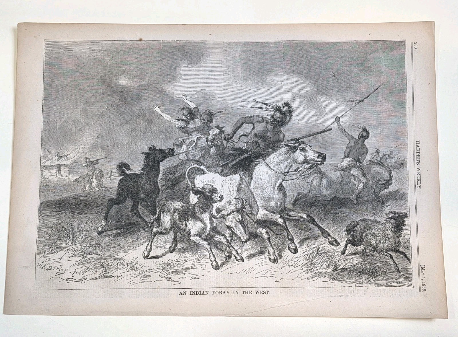 Harper’s Weekly 1858 Engraving “AN INDIAN FORAY IN THE WEST” F.O.C. DARLEY