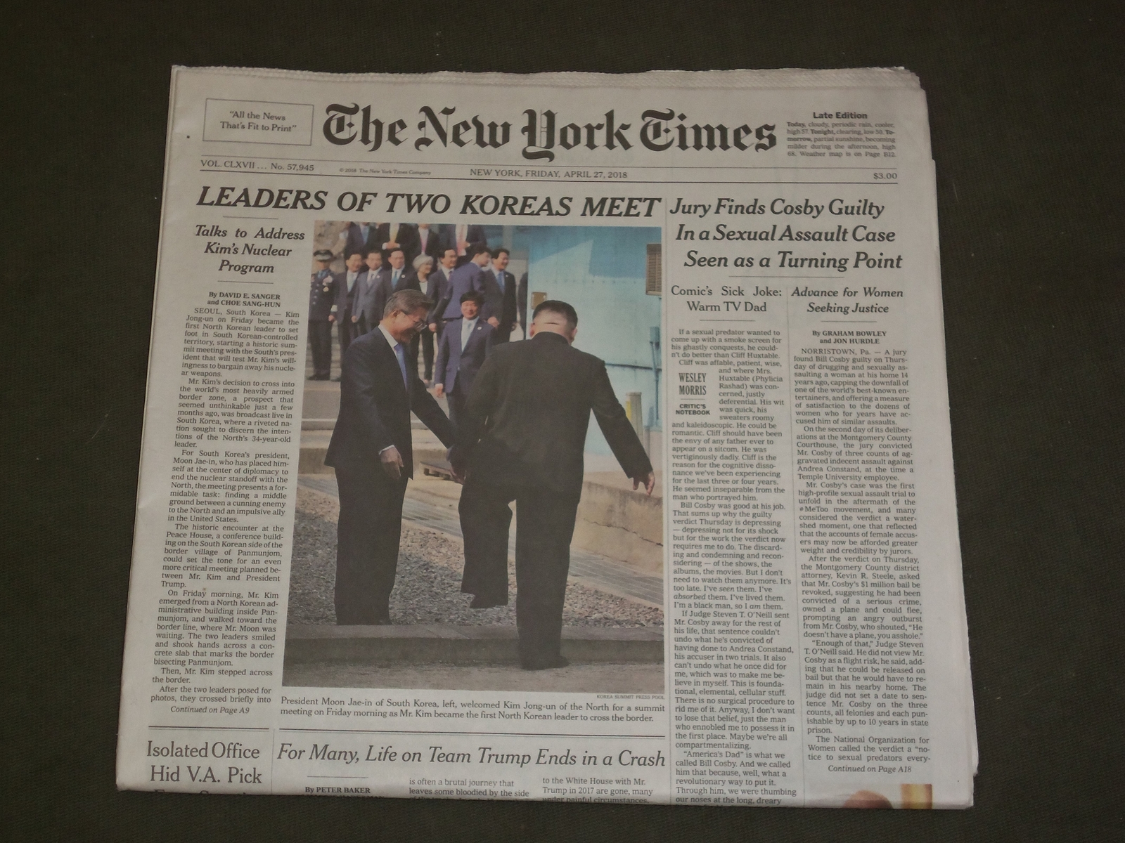 2018 APRIL 27 NEW YORK TIMES – LEADERS OF NORTH AND SOUTH KOREA MEET