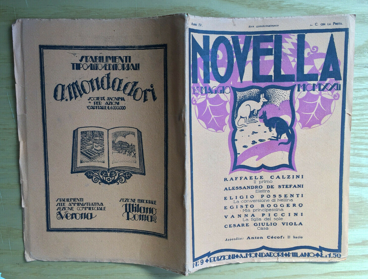 MONDADORI NOVELLA PERIODICAL ITALIAN WRITERS N° 9 1922 STEFANI SOCKS 2/19