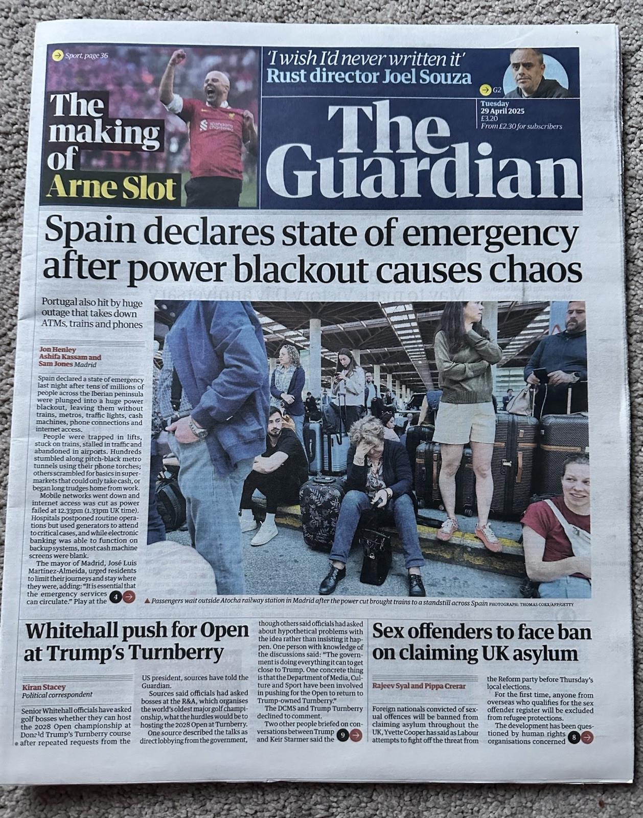 The Guardian 29th April 2025 29/4/25 Spain & Portugal Blackouts & Arne Slot