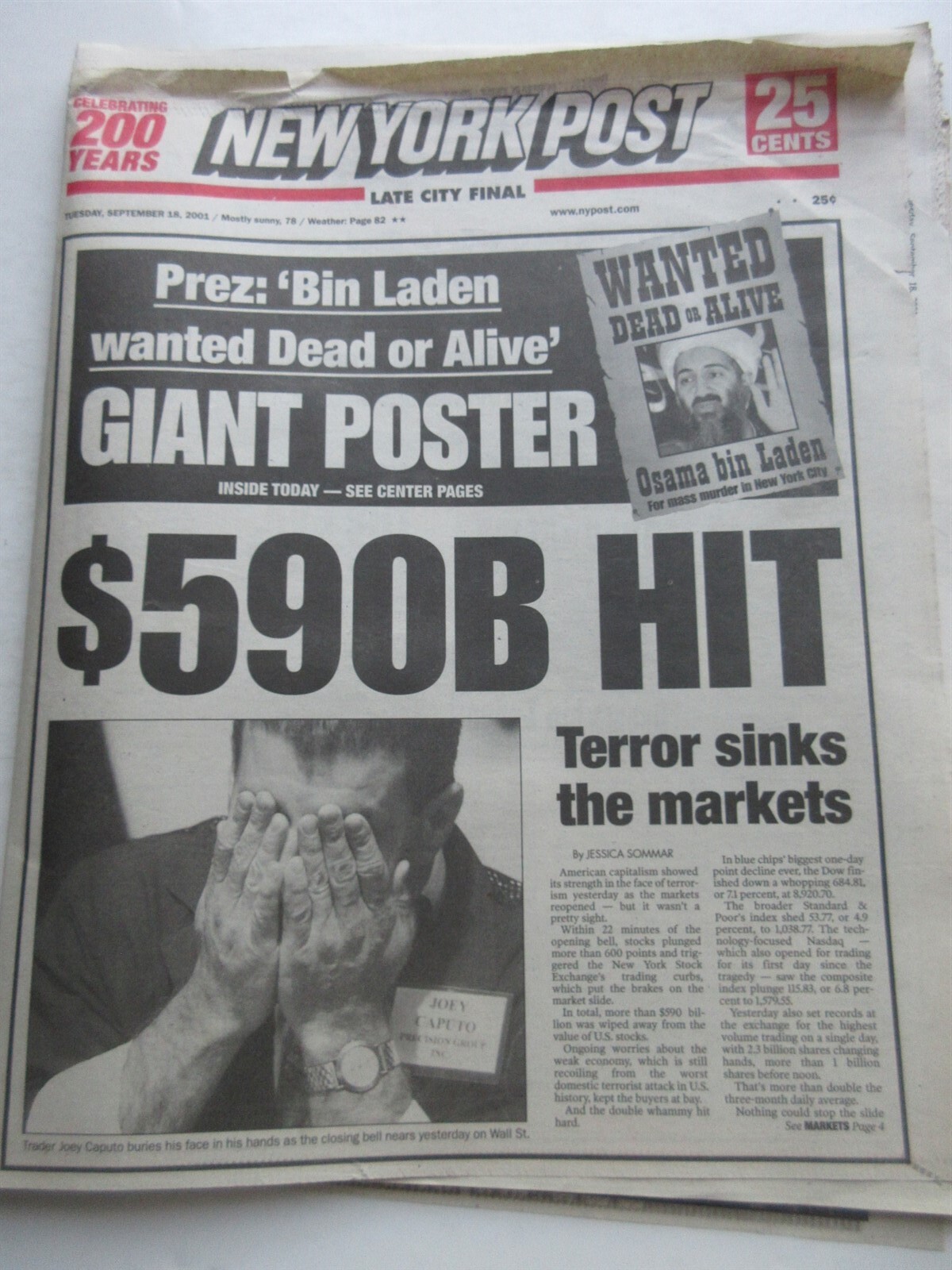 BIN LADEN WANTED POSTER World Trade Center Sept 18, 2001 New York Post 9/11