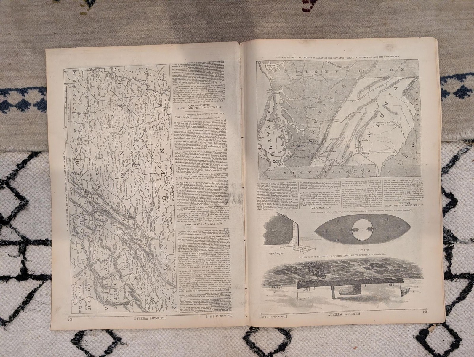 1861 W Homer Bivouac Fire Harpers Weekly Dec 21 Ericsson Battery Tennessee Map