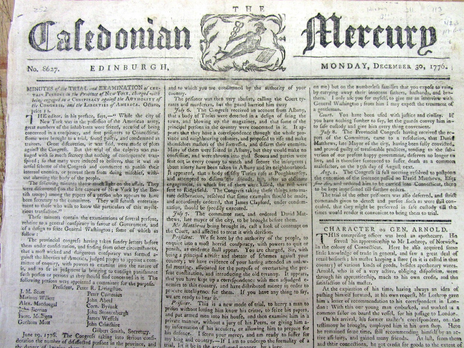 1776 Revolutionary War newspaper w LONG ESSAY onTHE CHARACTER of BENEDICT ARNOLD