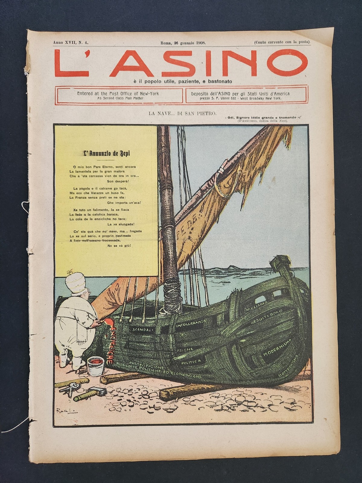1908 antique L’ASINO socialist anti-catholic satire 4 issues ITALIAN NEWSPAPERS