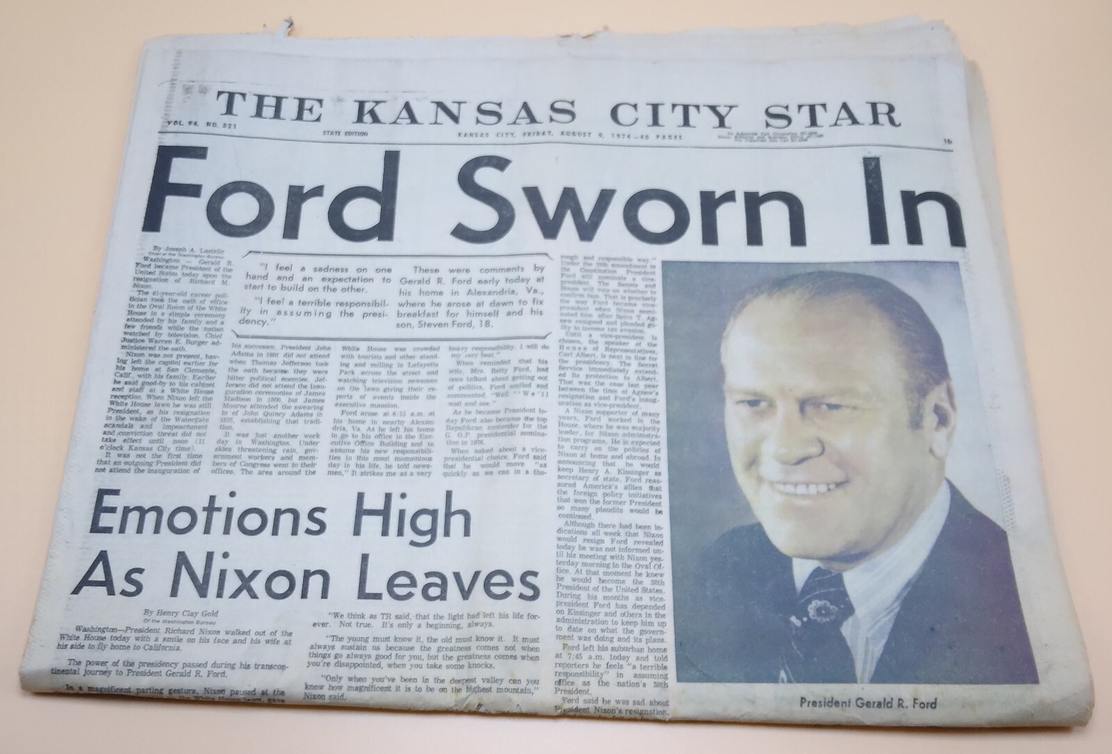 Newspaper Gerald Ford Sworn in as President Nixon Kansas City Star Aug 9, 1974