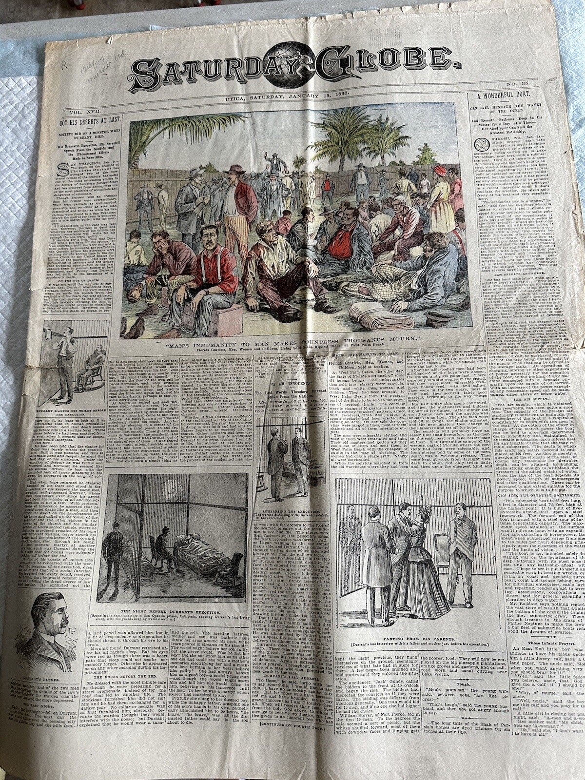 The Utica Saturday Globe Jan. 15 1898 Man’s Inhumanity To Man Slavery Engraving