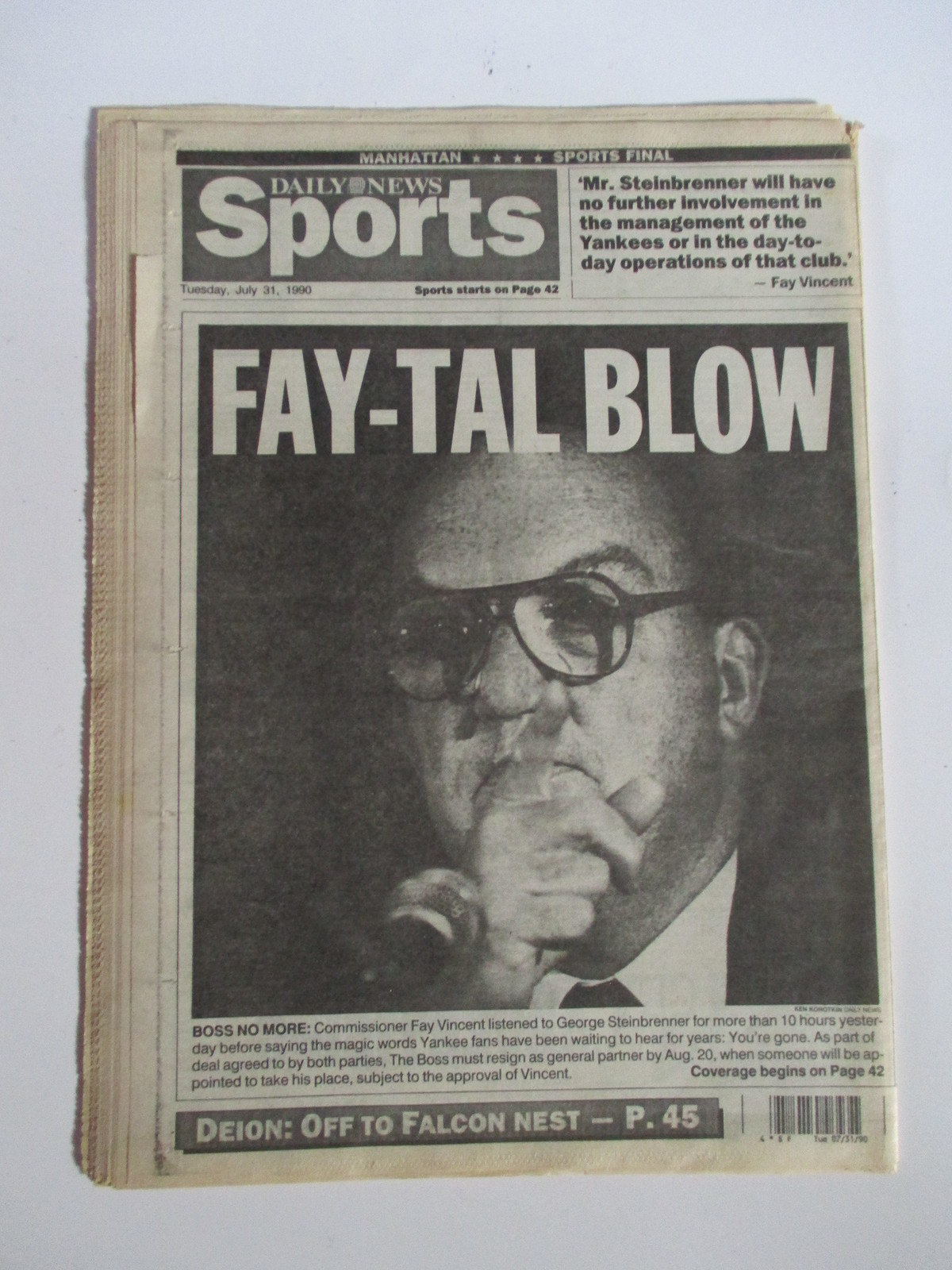 YANKEES GEORGE STEINBRENNER GONE! NEW YORK DAILY NEWS NEWSPAPER 7/31 1990