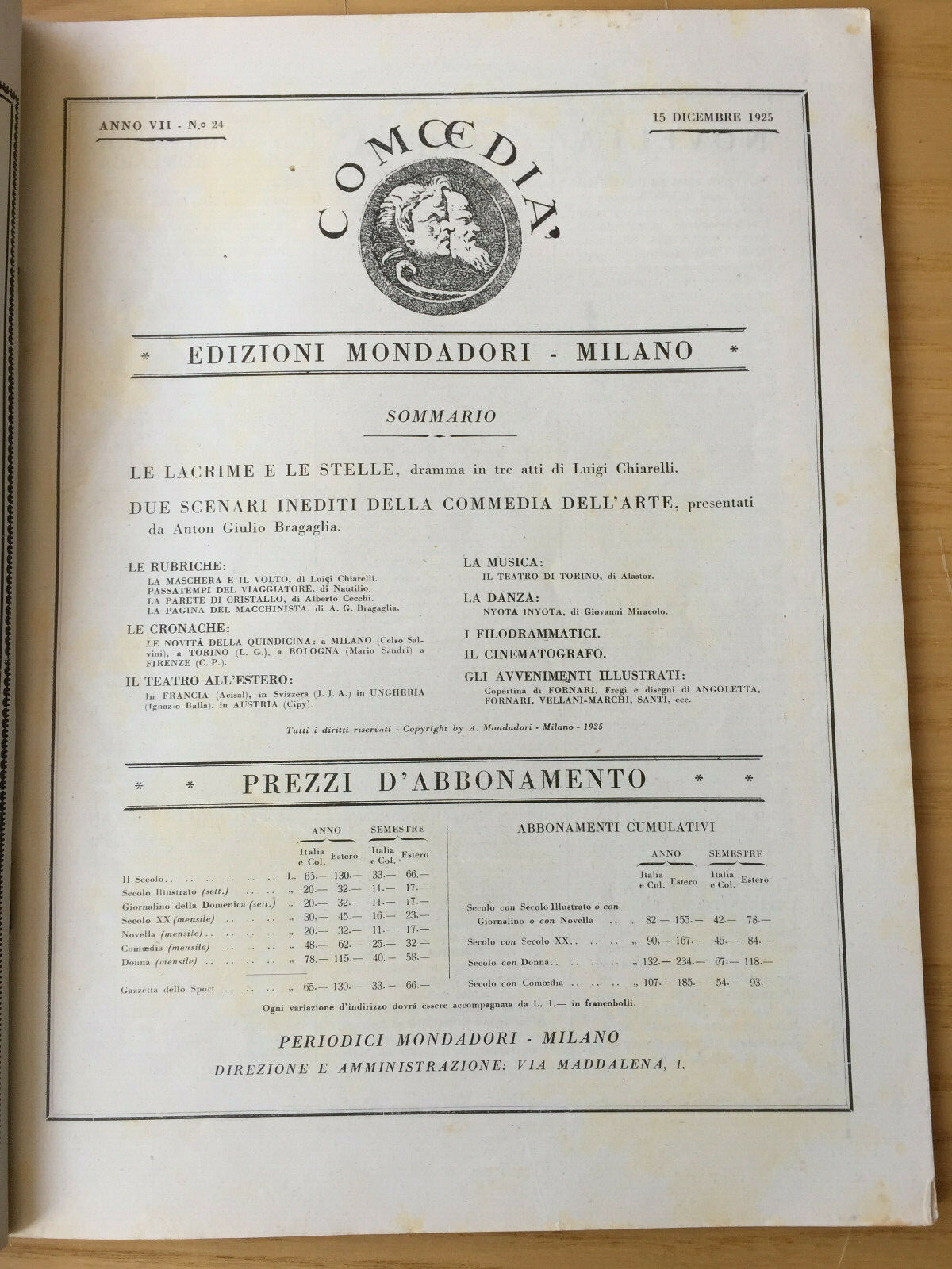 MONDADORI COMEDIA PERIODICO COMEDIA E VITA THEATRALE N° 24 1925 CHIARELLI 02/19