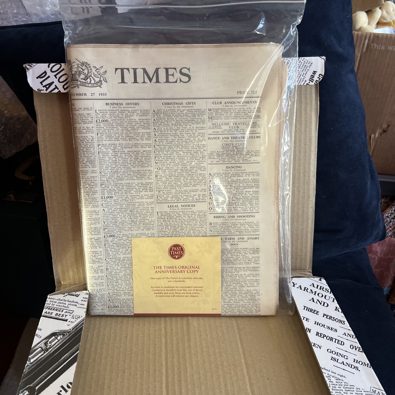 ORIGINAL Vintage Newspaper The Times 27 November 1933 + Certificate PAST TIMES