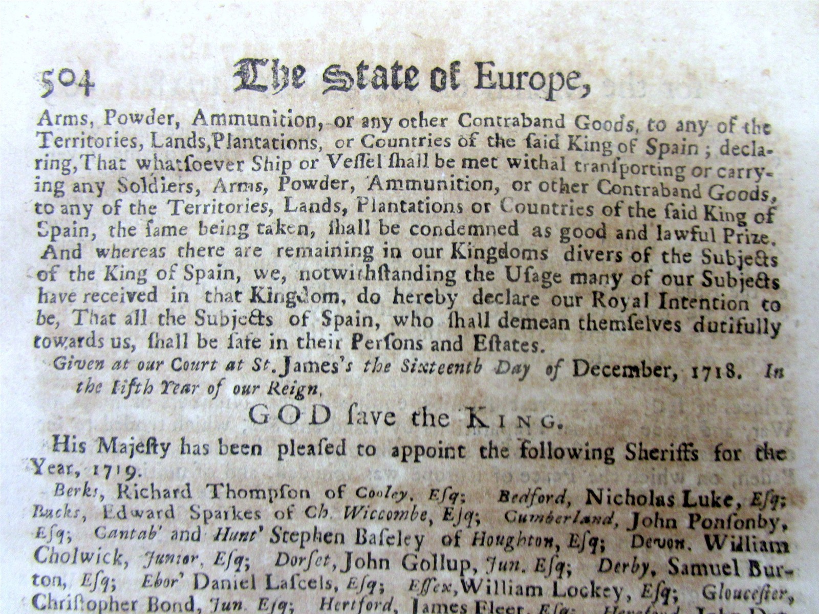 1718 newspaper / news book ENGLAND & FRANCE DECLARE WAR on SPAIN – War in EUROPE