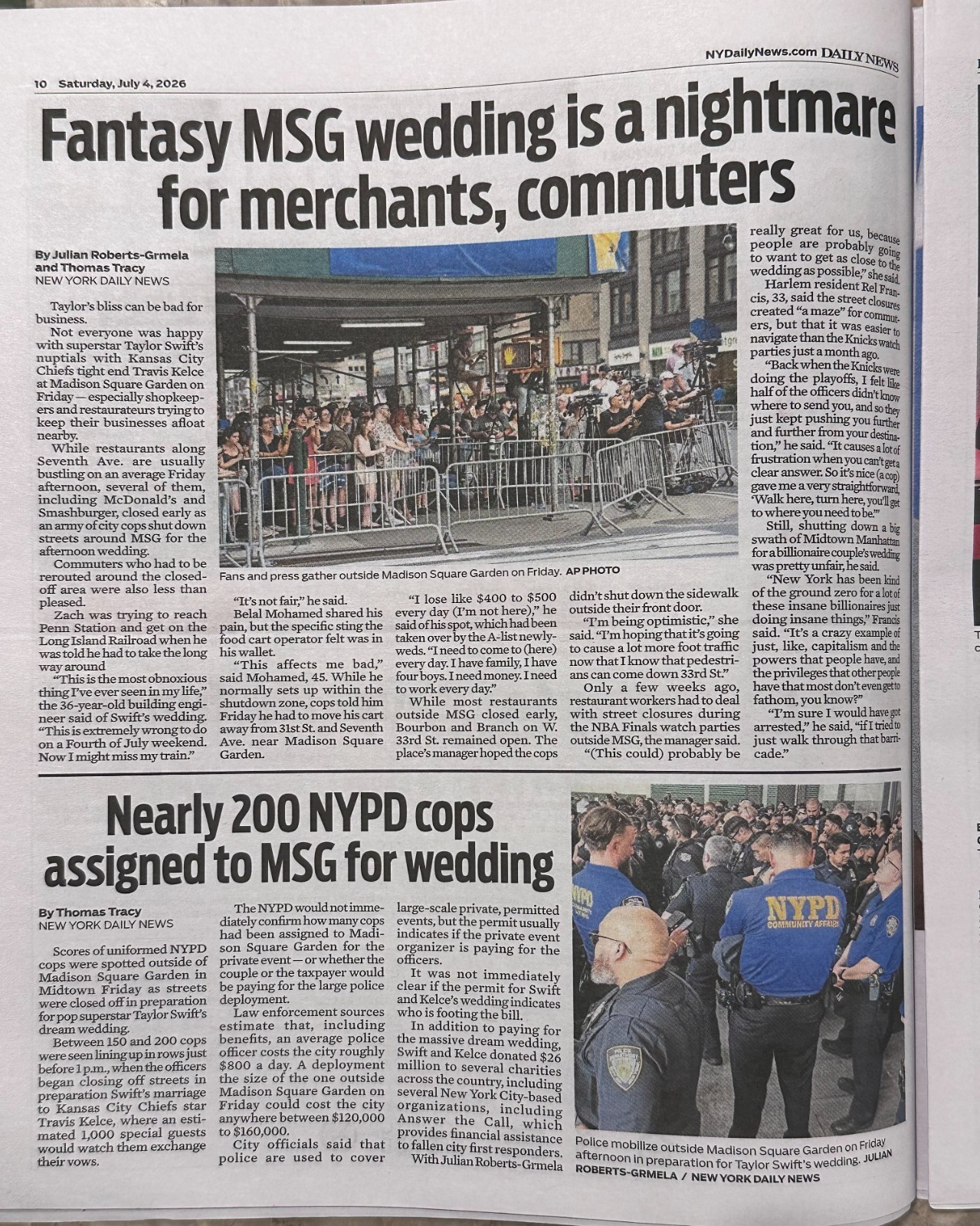 Taylor Swift Wedding Travis Kelce NY Daily News 7/4/26 NYC MSG Edition HISTORIC