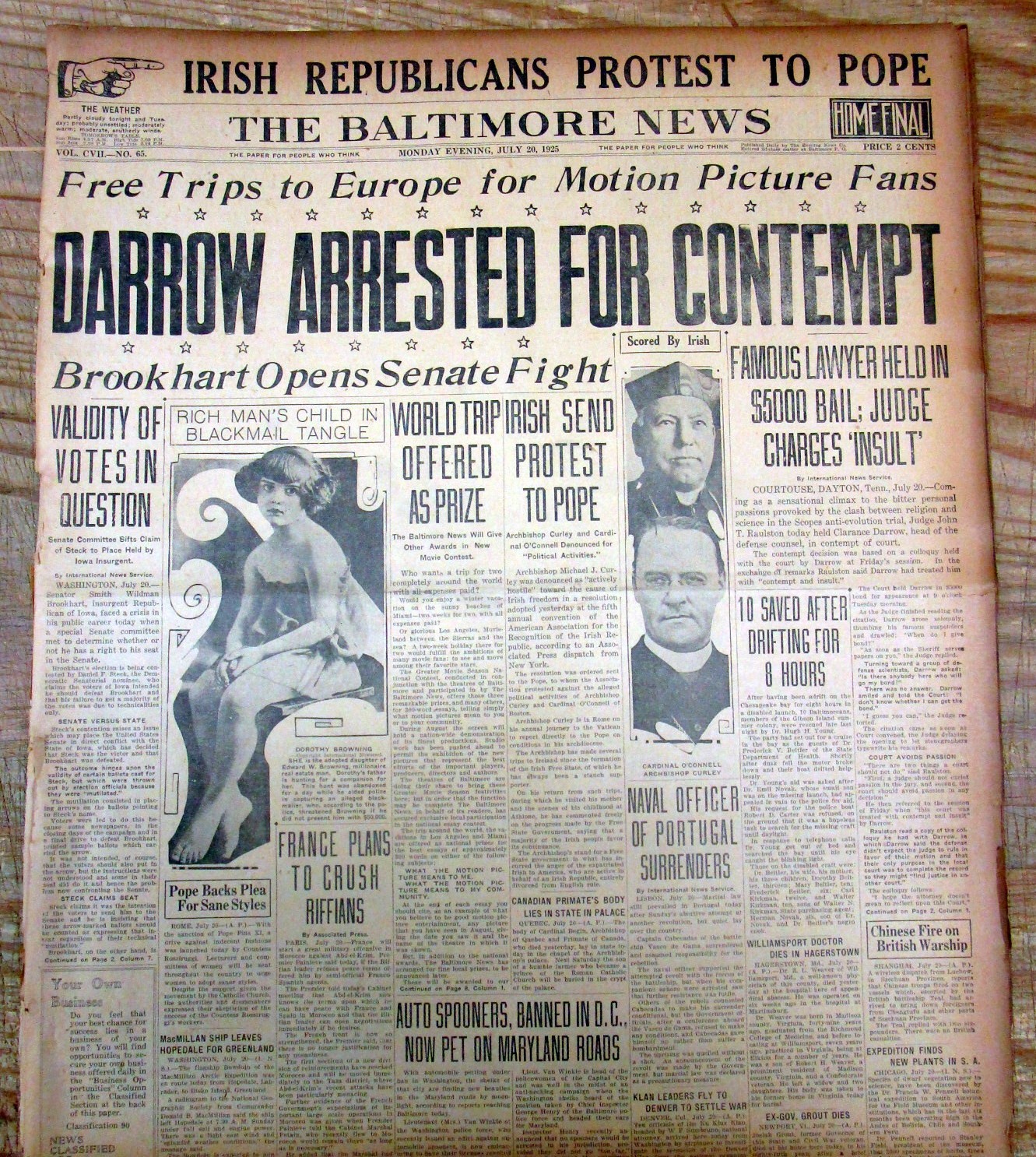 2 1925 hdl newspapers SCOPES “monkey” TRIAL Dayton Tennessee THEORY OF EVOLUTION
