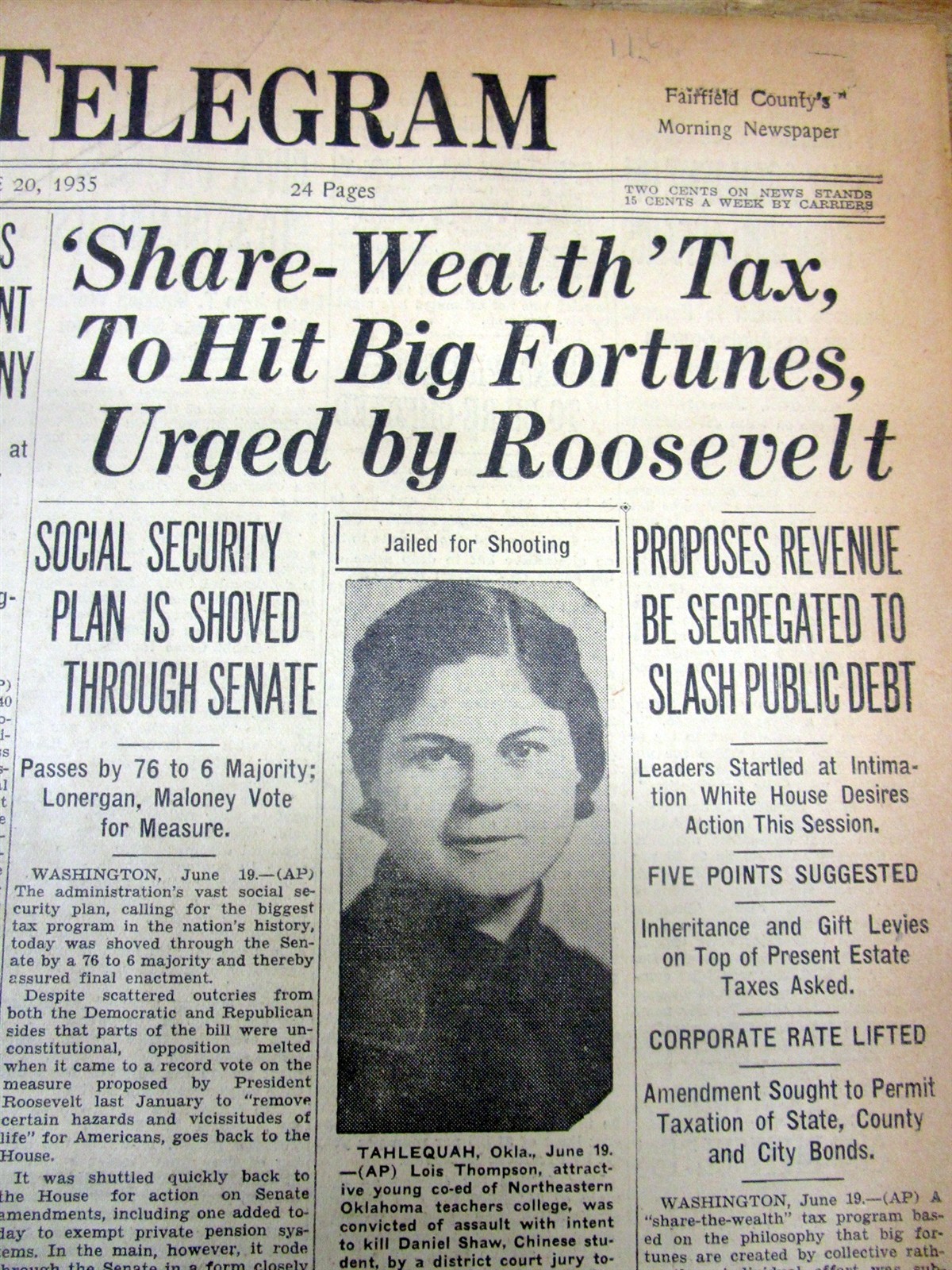 1935 newspaper President FRANKLIN D ROOSEVELT proposes HIGH TAXES on THE WEALTHY