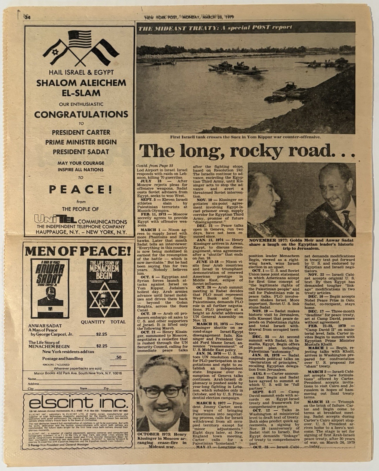 MARCH 26, 1979 NEW YORK POST EGYPT ISRAEL PEACE TREATY SPECIAL SECTION