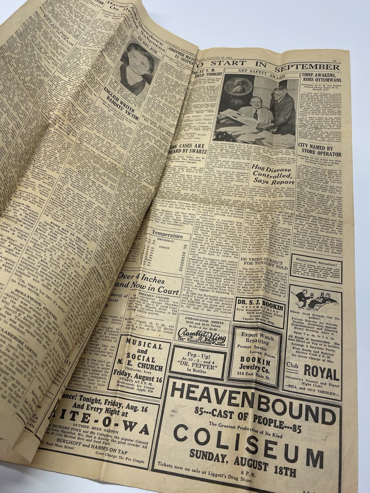 1935 Ottumwa Daily Courier Newspaper WILL ROGERS, WILEY POST PLANE CRASH ALASKA