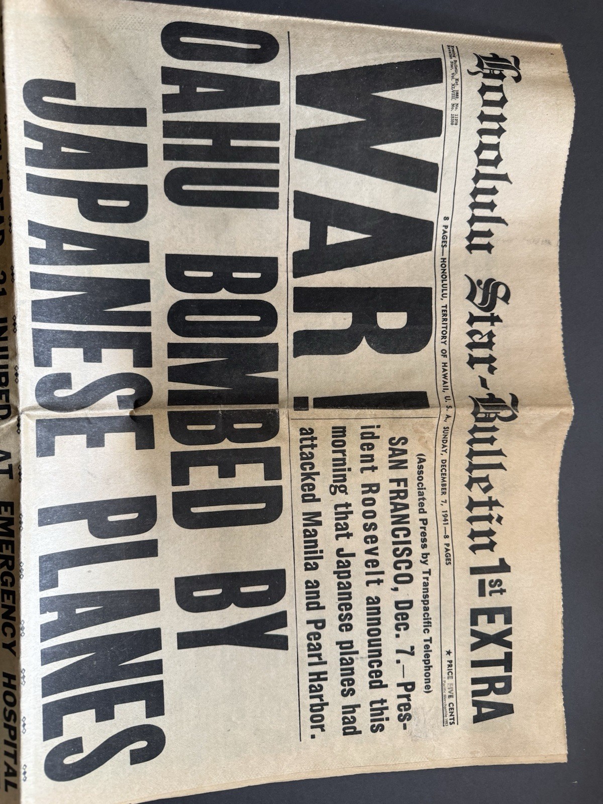1941 Honolulu Star-Bulletin 1st Extra Pearl Harbor WAR Newspaper WWII